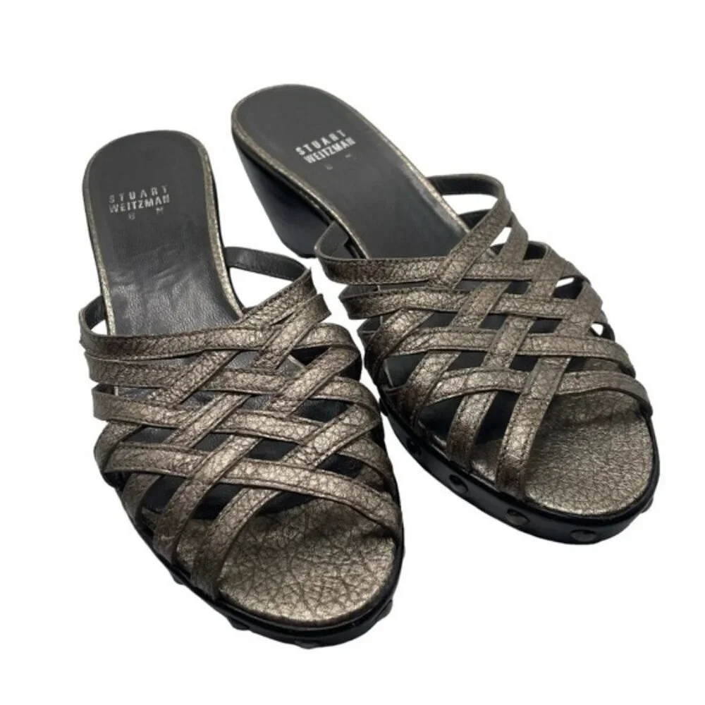 Stuart Weitzman Sandals Women's 8 US Metallic Gold Brown Leather Studded Vintage